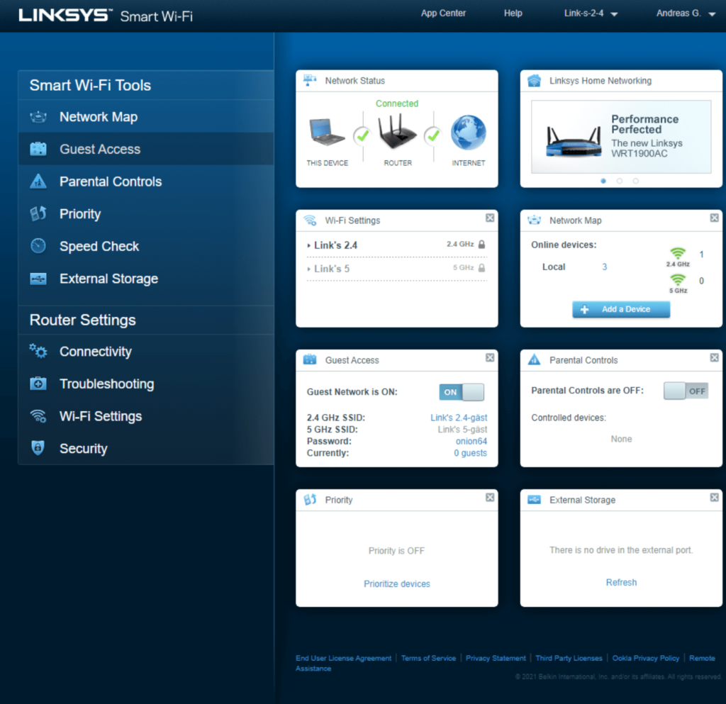 Linksys EA7300 admin interface home page