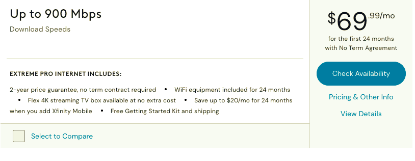 Screenshot of Xfinity's offer for their 900 Mbps internet plan.